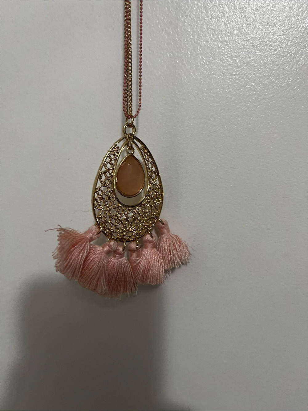 Brand new Gold and Pink Teardrop Tassel Pendant Necklace
